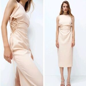 ZARA NWT Ecru Lace-Up Side Cut-Out Midi Dress Cream Balletcore Size XS